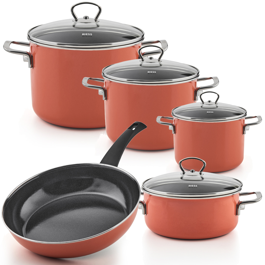 Riess Emaille Geschirr-Set 5-teilig mt Pfanne Nouvelle Pur Mango extra stark