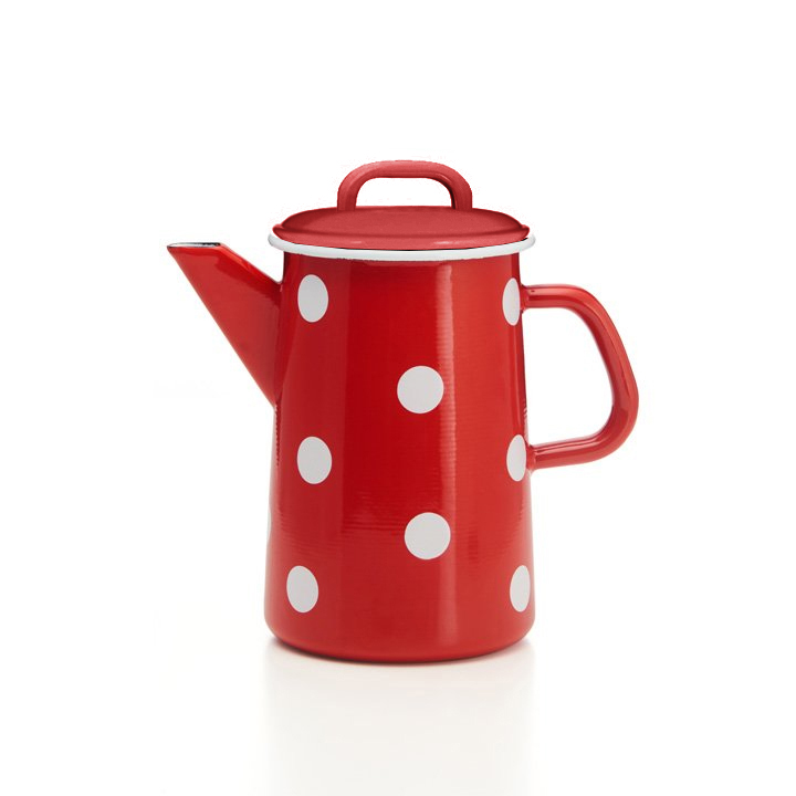 Emaille Kaffeekanne rot mit weißen Punkten, Tupfen