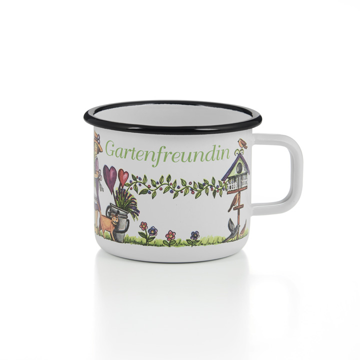 Emaille Tasse Becher Gartenfreundin weiß mit schwarzem Rand Becher 400ml