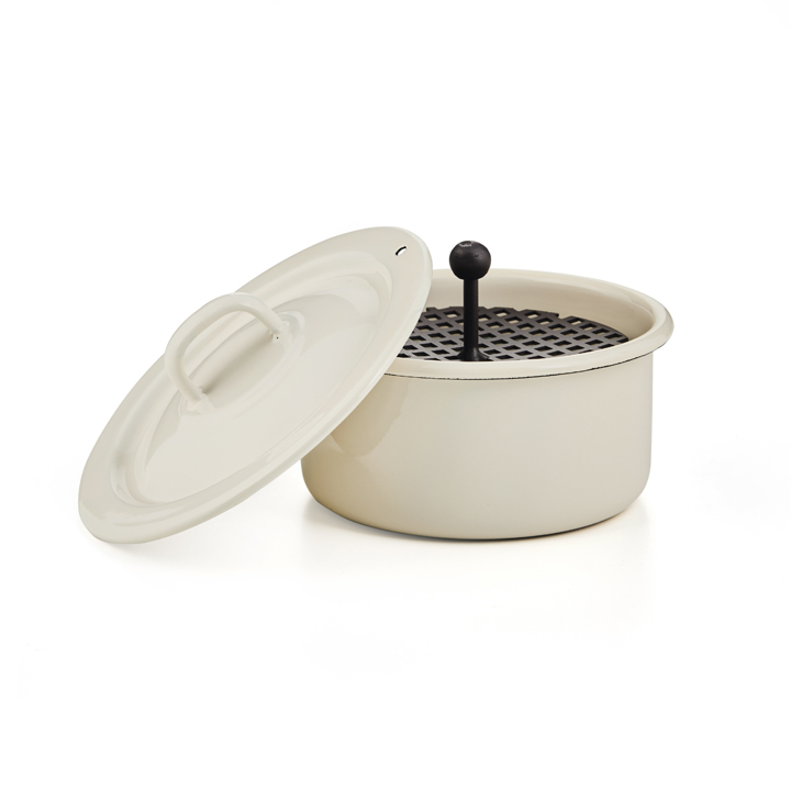 Emaille Aschenbecher mit Deckel und Einsatz, creme