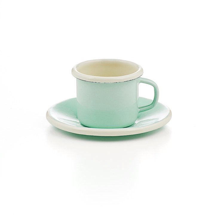 Emaille Espressotasse mit Unterteller mintgrün