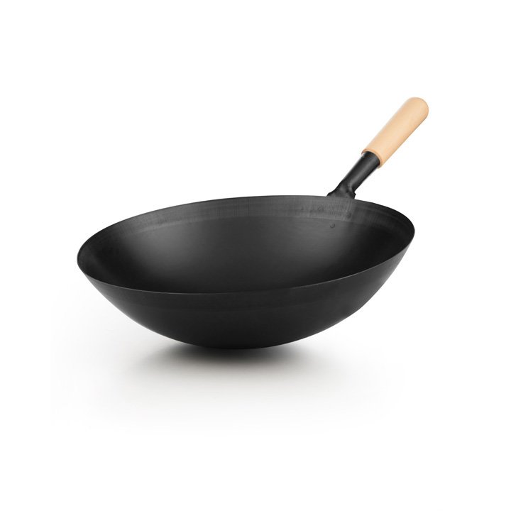 Helmensdorfer Eisenpfanne Eisen-Wok gebläut mit Holzgriff 36cm