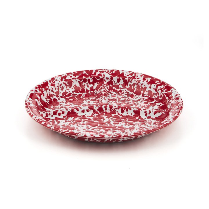 Crow Canyon Emaille Teller 3-geteilt 27cm Marmor rot-weiß
