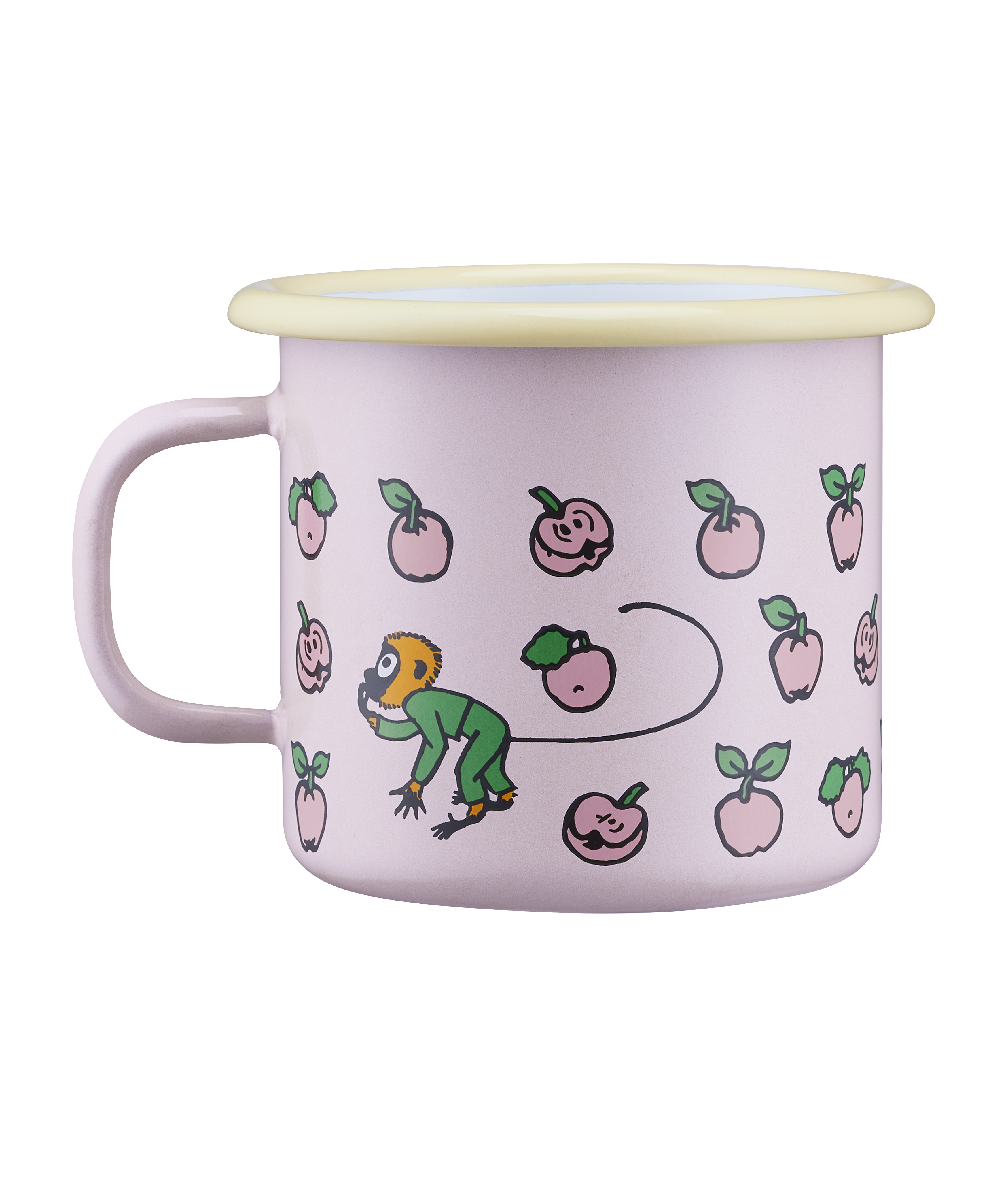 rosa Emaille Tasse mit gelben Rand und Pippi Langstrumpf Affe und Früchten