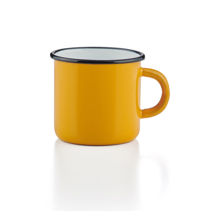 Emaille Tasse Becher gelb gebaucht Emaiilebecher