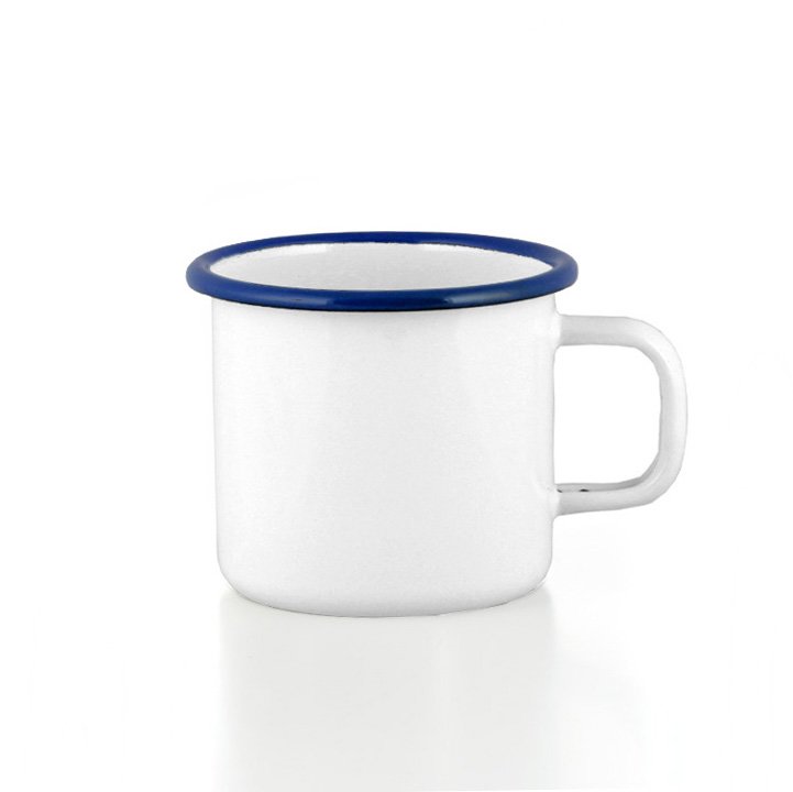 Emaille  Tasse Becher weiß mit blauem Rand