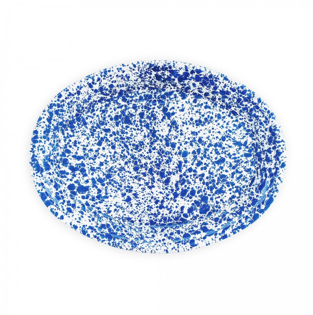 Emaille Teller oval 44,5 x 33,5 cm Marmor blau/weiß