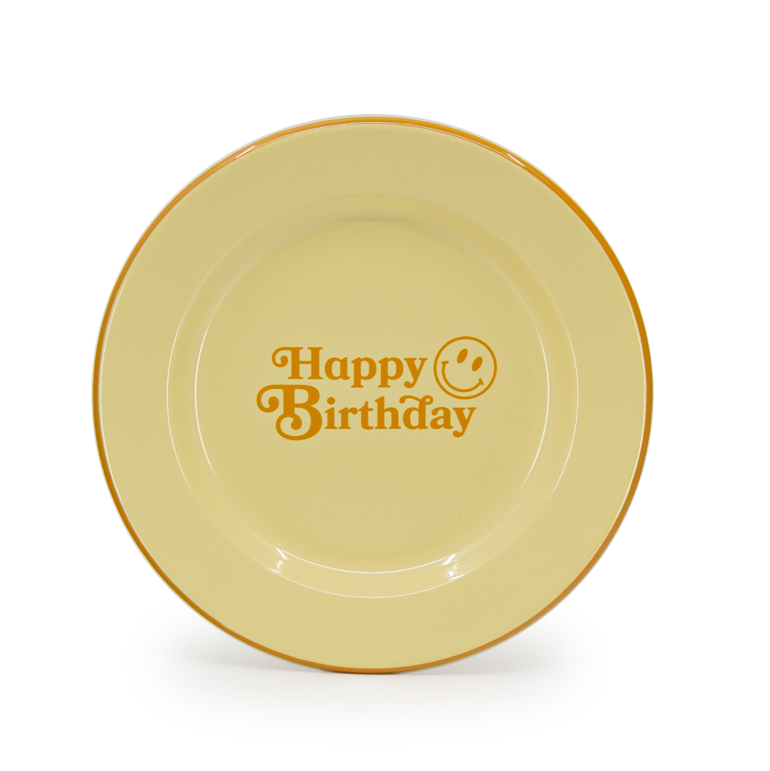 Emaille Teller 26cm \"Happy Birthday\" gelb Dinner Plate