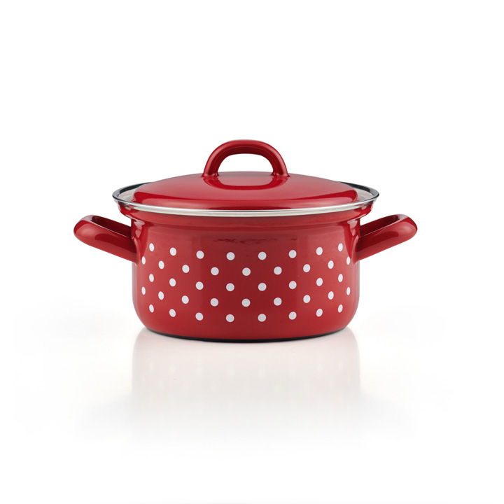 Riess Kasserolle Pünktchen Rot Emaille 14 cm 0,75 Liter