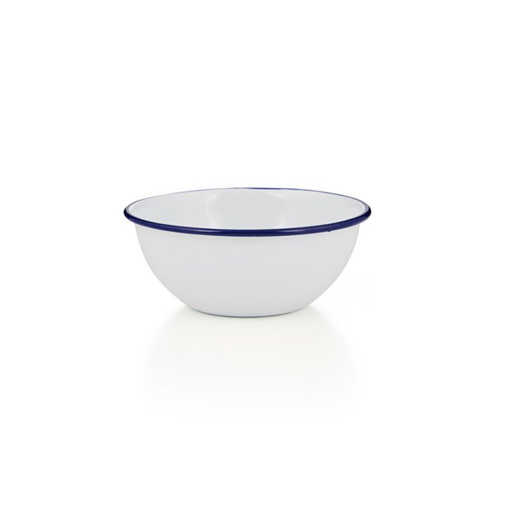 Emaille Schüssel, Schale weiß mit blauem Rand 14cm