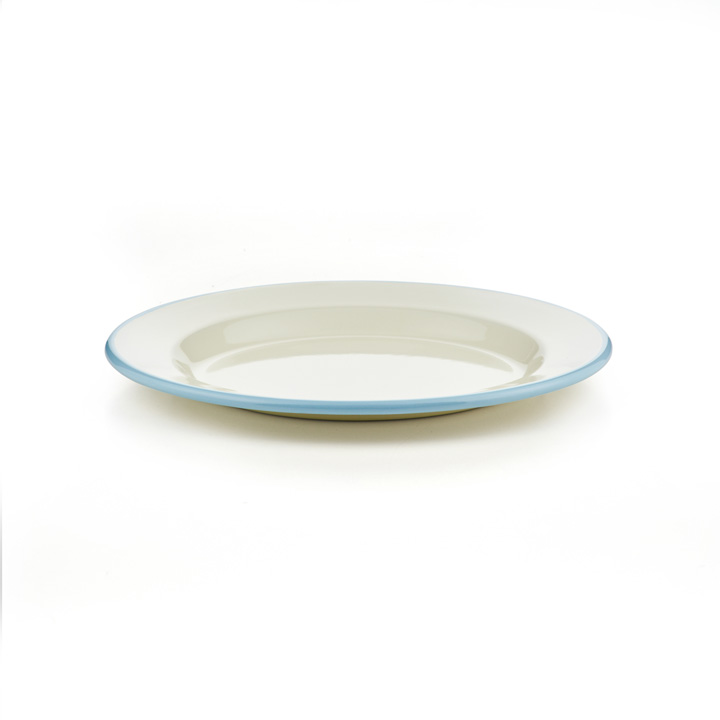 Emaille Teller flach creme hellblau 24cm