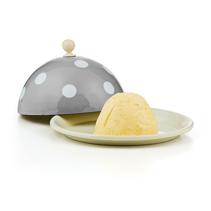 Emaille Butterglocke Butterdose grau mit weißen punkten