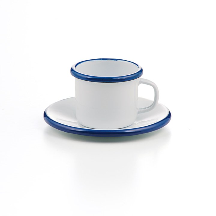 Emaille Espressotasse mit Unterteller weiß