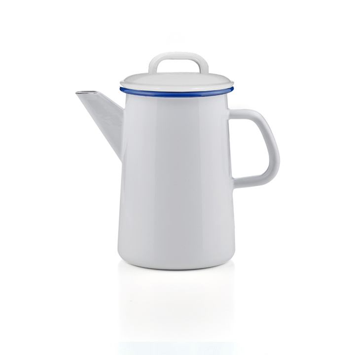 Emaille Kaffeekanne mit Knauf weiß mit blauem Rand