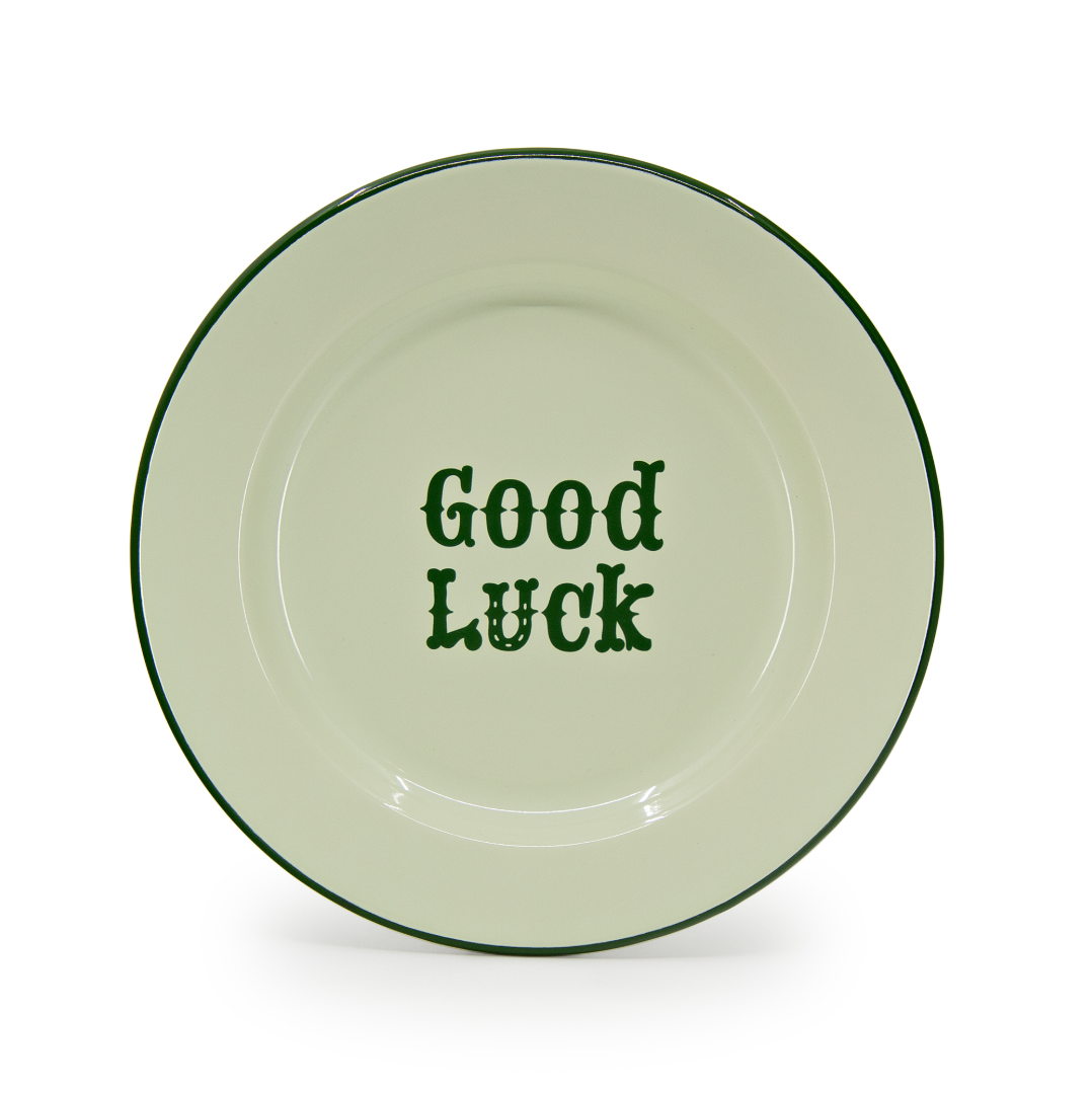 Emaille Teller 26cm "Good Luck" grün Dinner Plate