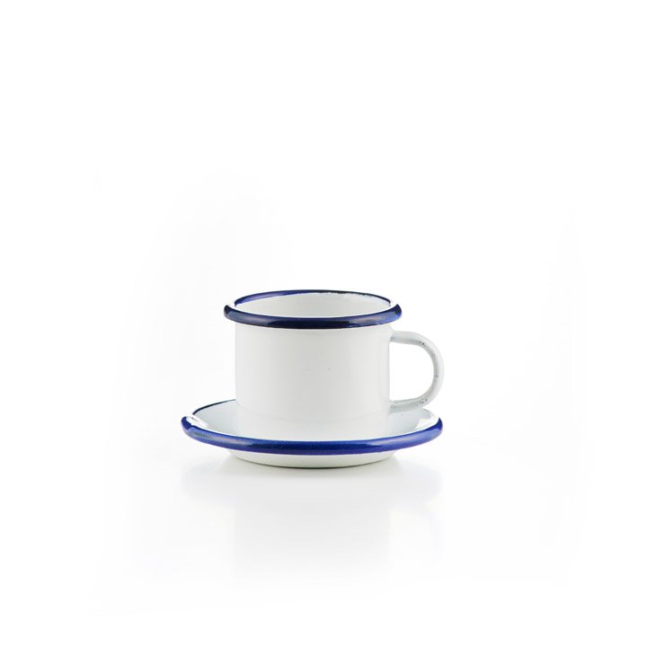 Emaille Espressotasse mit Untertasse weiß