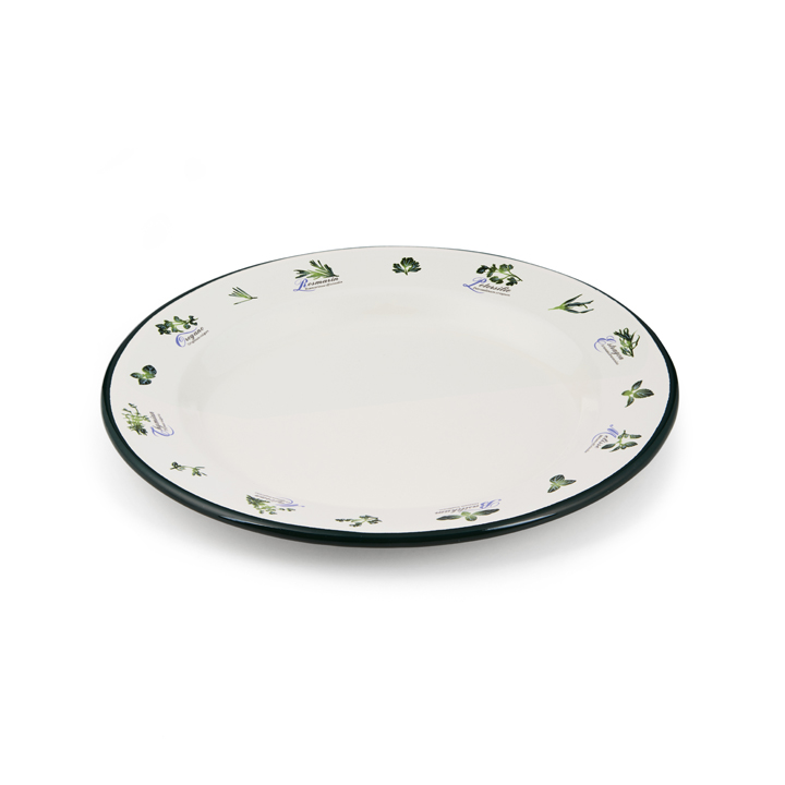 Emaille Teller flach creme Kräuter 24cm