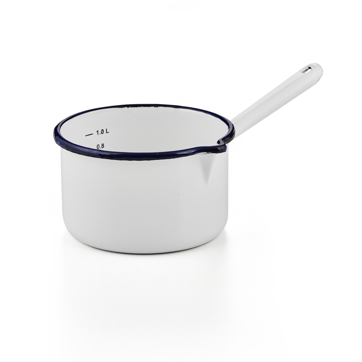 Emaille Stieltopf mit Skala weiß mit blauem Rand