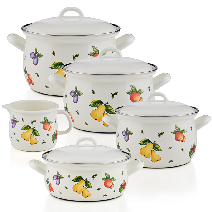 Emailset Obstgarten Geschirr-Set 5 teilig Topfset Fruit Garden