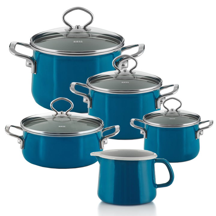 Riess Emaille Set Aquamarin 5 teilig Sparset Schnabeltopf