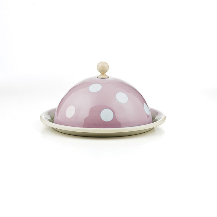 Emaille Butterglocke Butterdose rosa mit weißen punkten