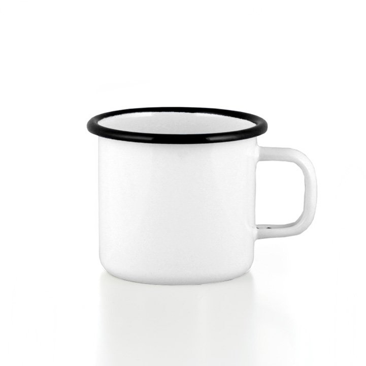 Emaille Tasse Becher weiss mit schwarzem Rand Becher