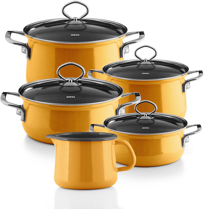 Riess Emaille Familienset Orange 5 teilig Schnabeltopf