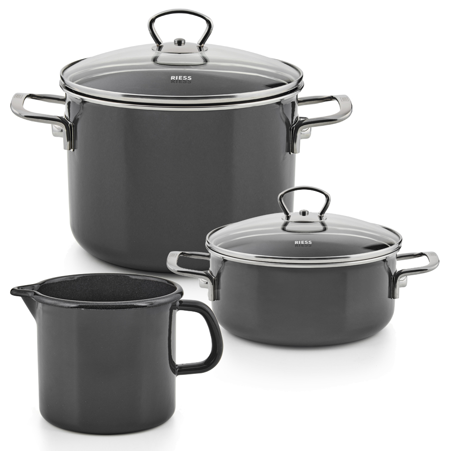 Riess Emaille Set Dark Grey 3-teilig Schnabeltopf Starterset Nouvelle PUR