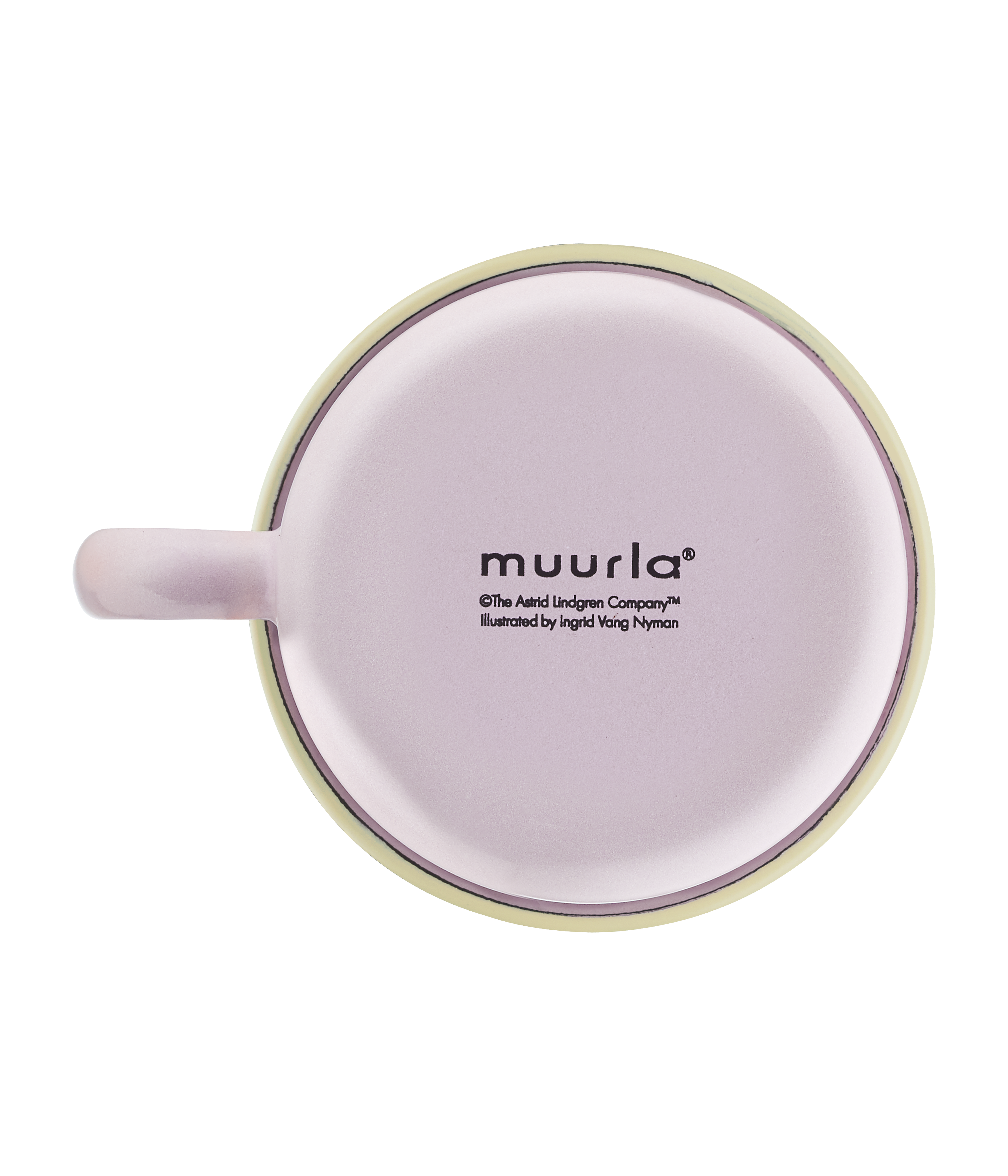 rosa Emaille Tasse mit gelben Rand und Pippi Langstrumpf und Früchten