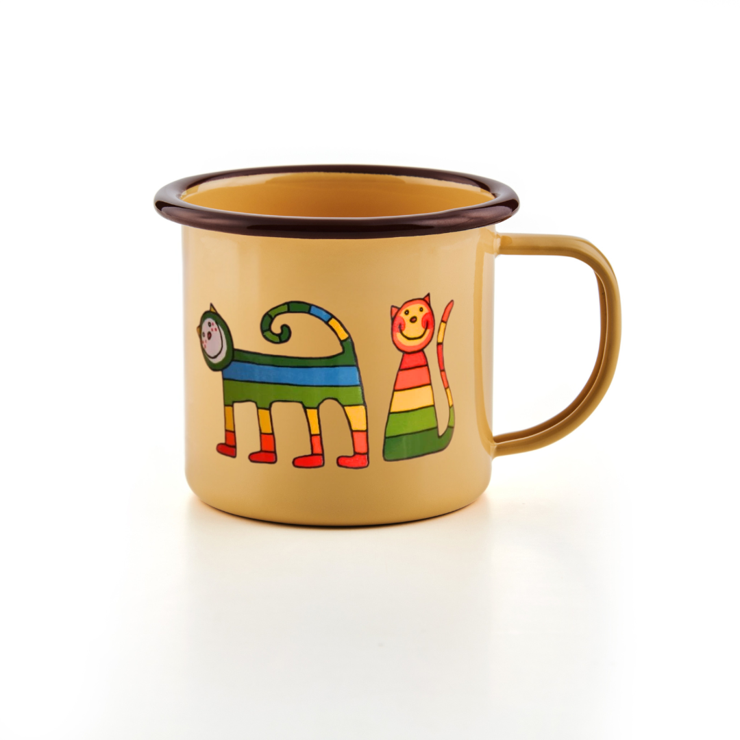 Kindertasse gelb 350ml brauner Rand Katze