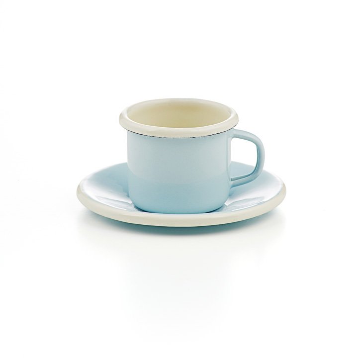 Emaille Espressotasse mit Unterteller hellblau