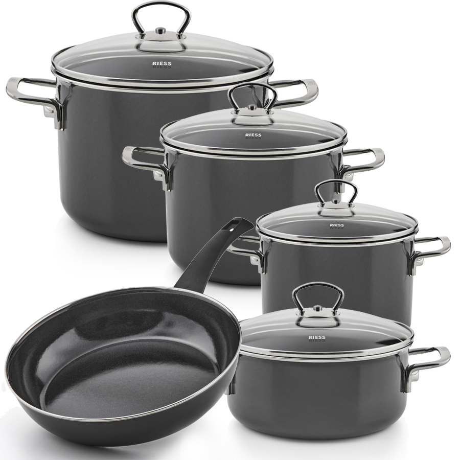 Riess Emaille Geschirr-Set 5-teilig mt Pfanne Nouvelle Pur Dark Grey extra stark