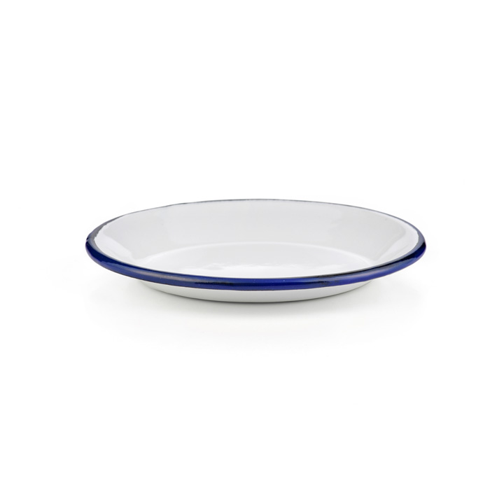 Emaille Unterteller weiß mit blauem Rand 14cm Tellerchen
