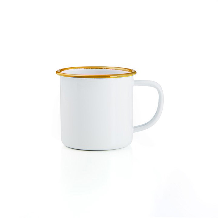 Emaille Tasse Becher weiß senfgelb