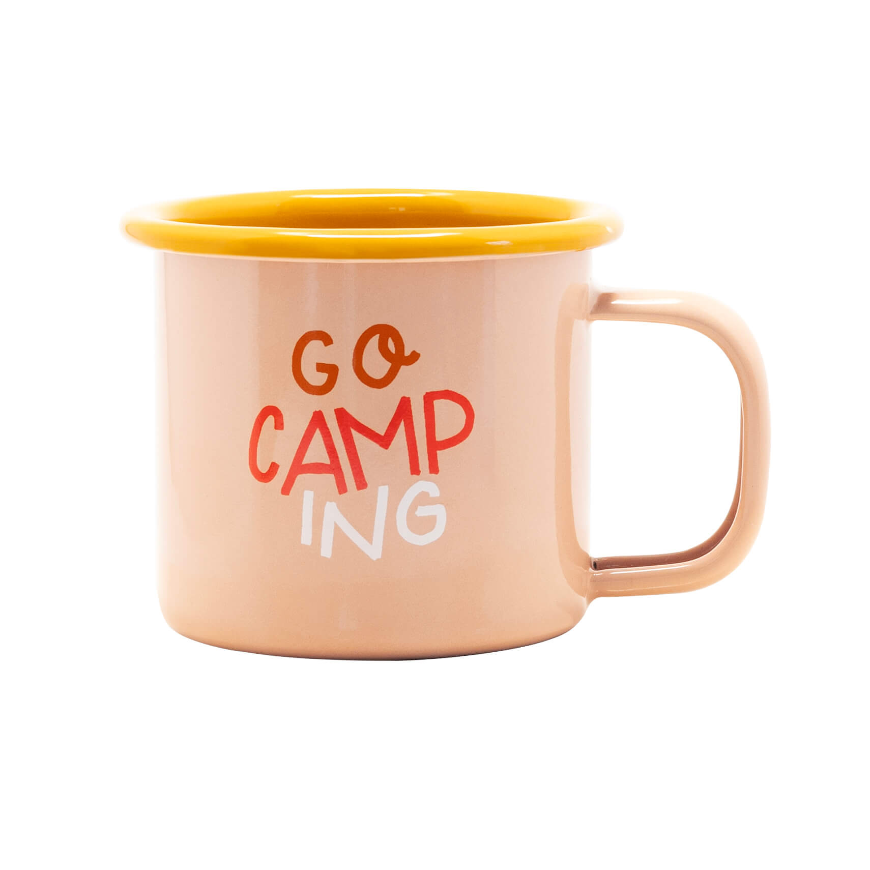 orangene Emaille Tasse mit dem roten Aufdruck 'Go Camping'