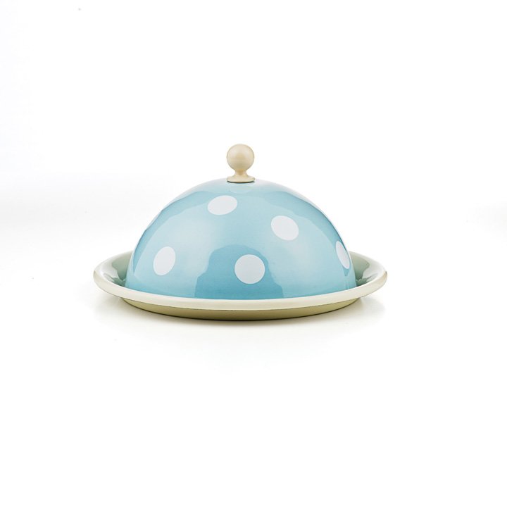 Emaille Butterglocke Butterdose hellblau mit weißen punkten