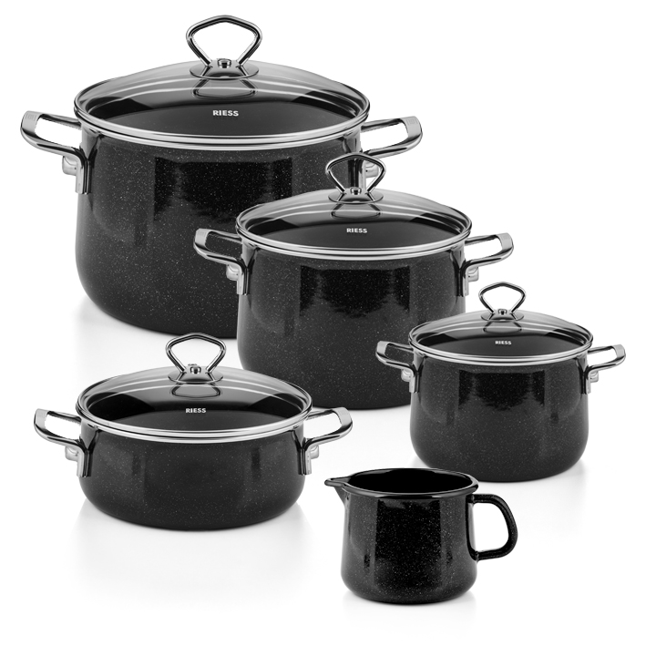 Riess Emaille Set Black Magic 5 teilig Schnabeltopf Sparset