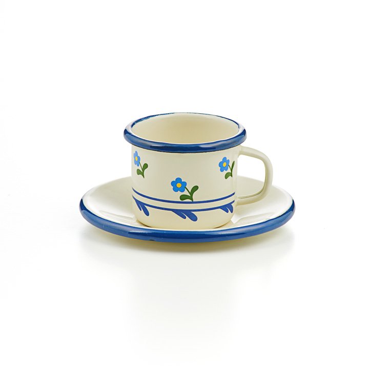 Emaille Espressotasse mit Unterteller blümchen