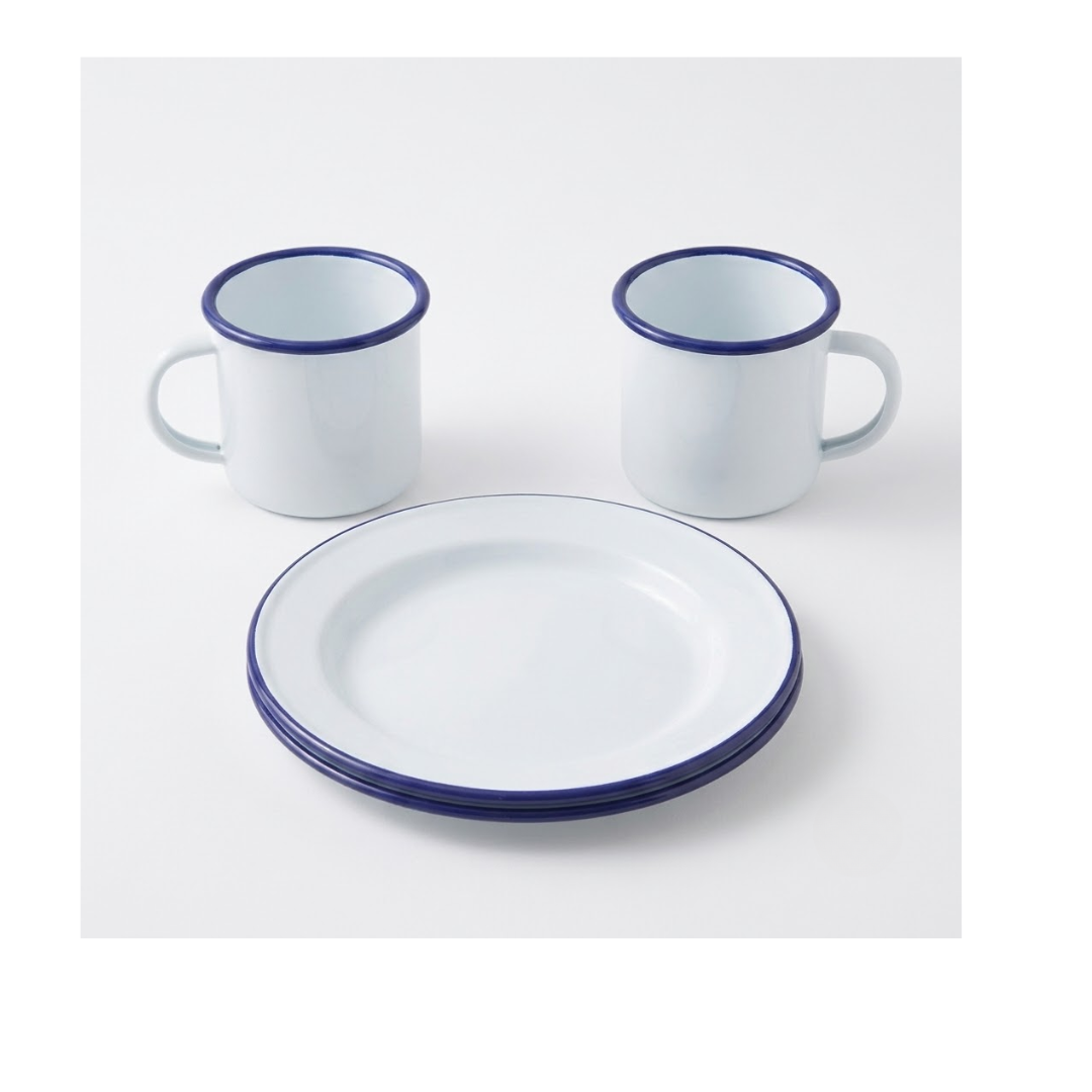 Ibili Menaje S.A. Liv Emaille Geschirr-Set weiß / blau | 4-tlg.: 20cm Teller & 250ml Tassen