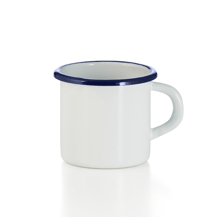 Emaille Tasse weiss mit blauem Rand Becher