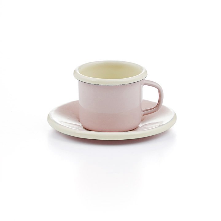 Emaille Espressotasse mit Unterteller rosa