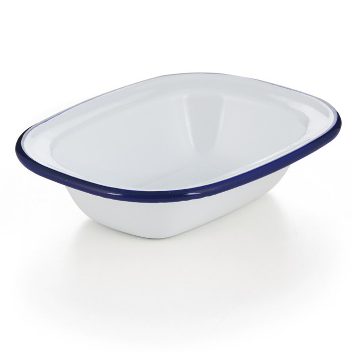 Emaille Ofenschale, Ofenform, Ofenschälchen weiß blauer Rand 32cm