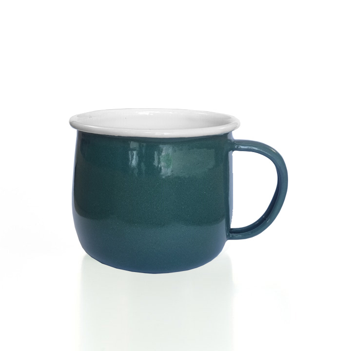 Emaille Tasse Becher gebaucht, bauchig dunkelgrün