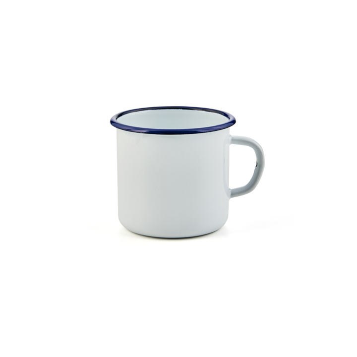 Emaille Tasse Becher Emailletasse weiß mit blauem Rand