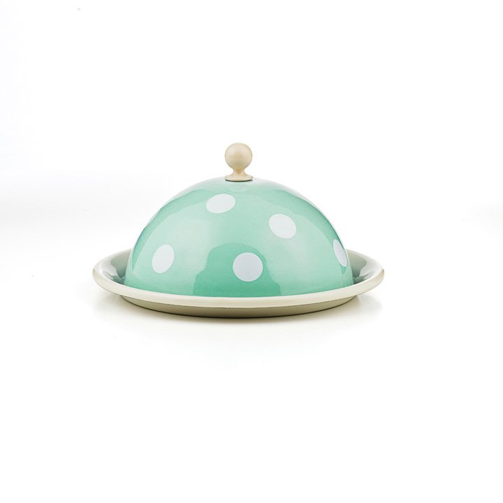 Emaille Butterglocke Butterdose mintgrün mit weißen punkten