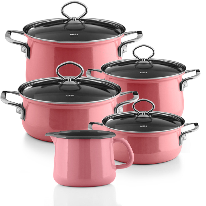 Riess Emaille Familienset Pink 5 teilig Schnabeltopf