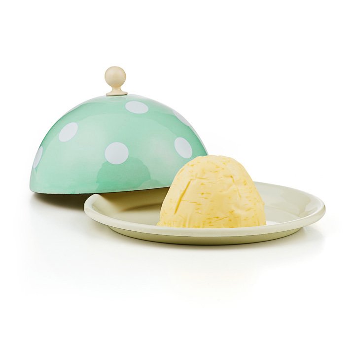 Emaille Butterglocke Butterdose mintgrün mit weißen punkten