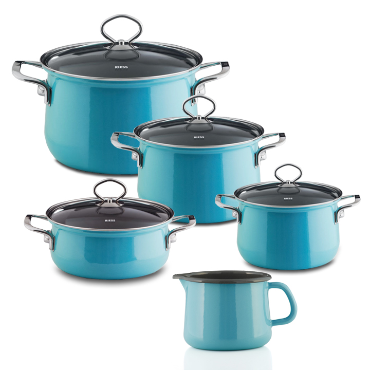 Riess Emaille Set Kristallblau 5 teilig Topfset Schnabeltopf Sparset 
