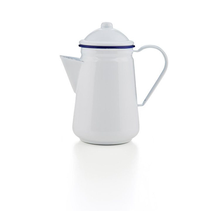 Emaille Kaffeekanne weiß dunkelblau