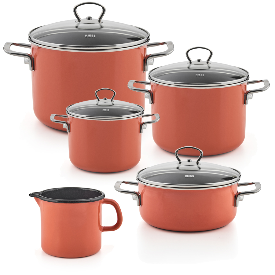 Riess Emaille Sparset 5-teilig mt Pfanne Nouvelle Pur Mango extra stark